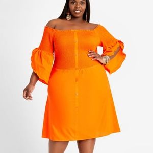 New Off the shoulder orange bell sleeve dress